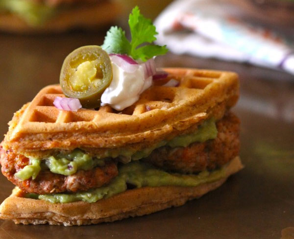 Spiced Mini Waffle Breakfast Sandwiches with Chicken Chorizo & Guacamole (October)